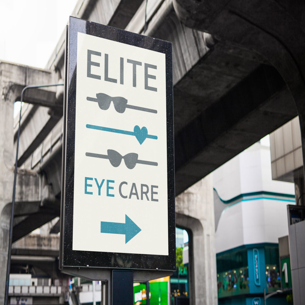 Elite Eye Care brand identity applications on clinic signage