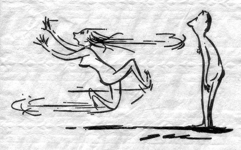 cartoon showing being indecisive of a woman running away from a man