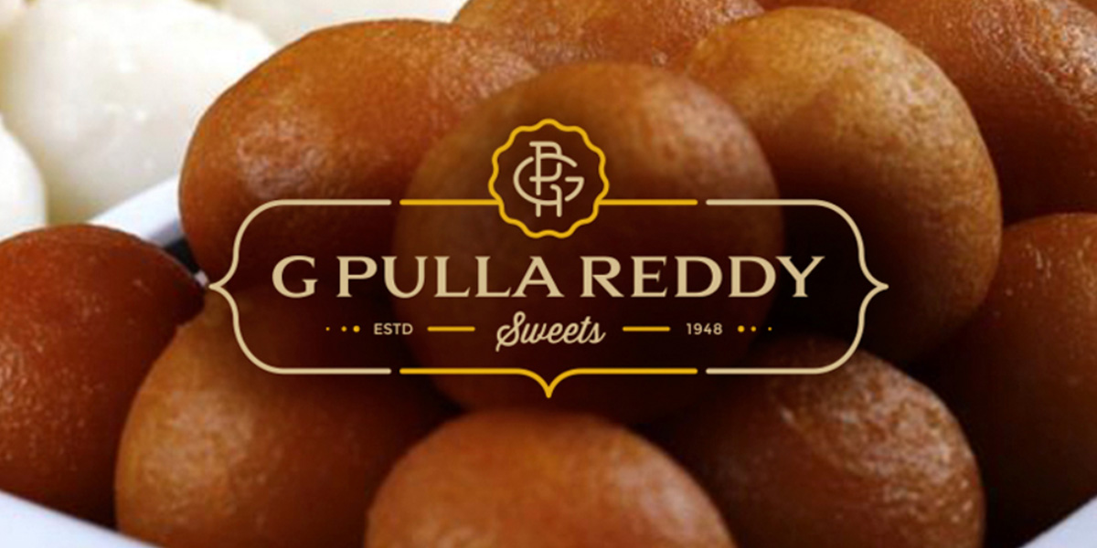 G Pulla Reddy logo super imposed on a photo of gulab jamun sweets