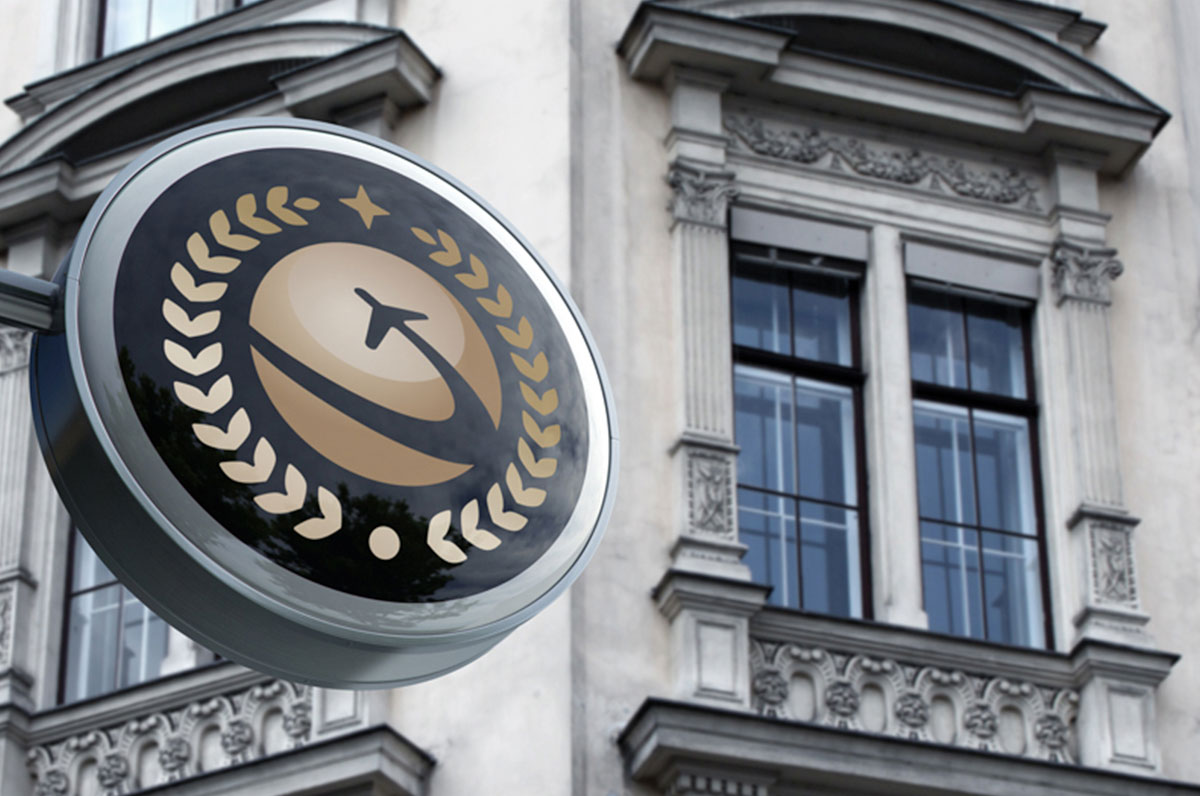 Oriens Aviation icon on a sign in London