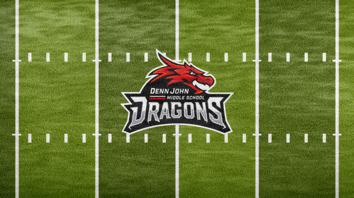 Denn John middle school dragons mascot logo on a football field