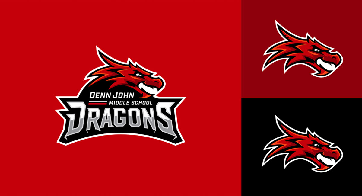 Denn John middle school logo in three different layouts