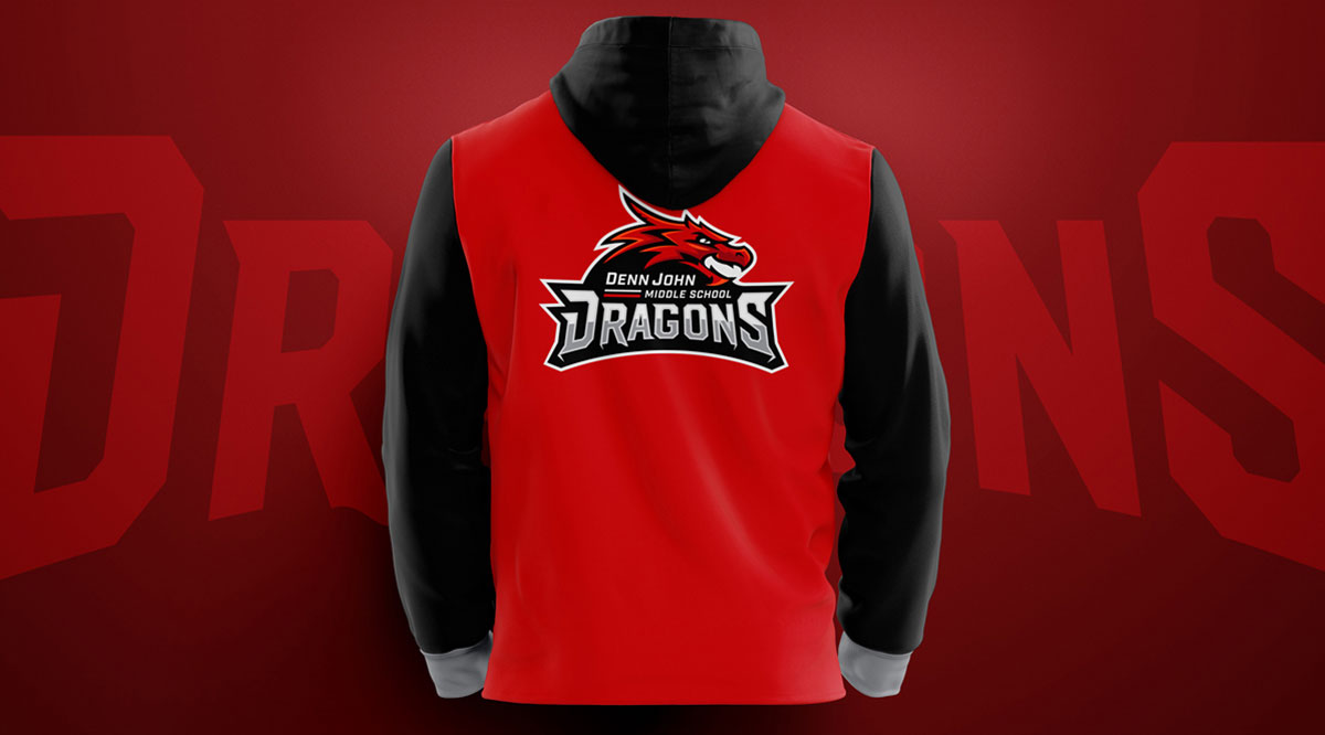 Denn John middle school logo design on a sports hoodie