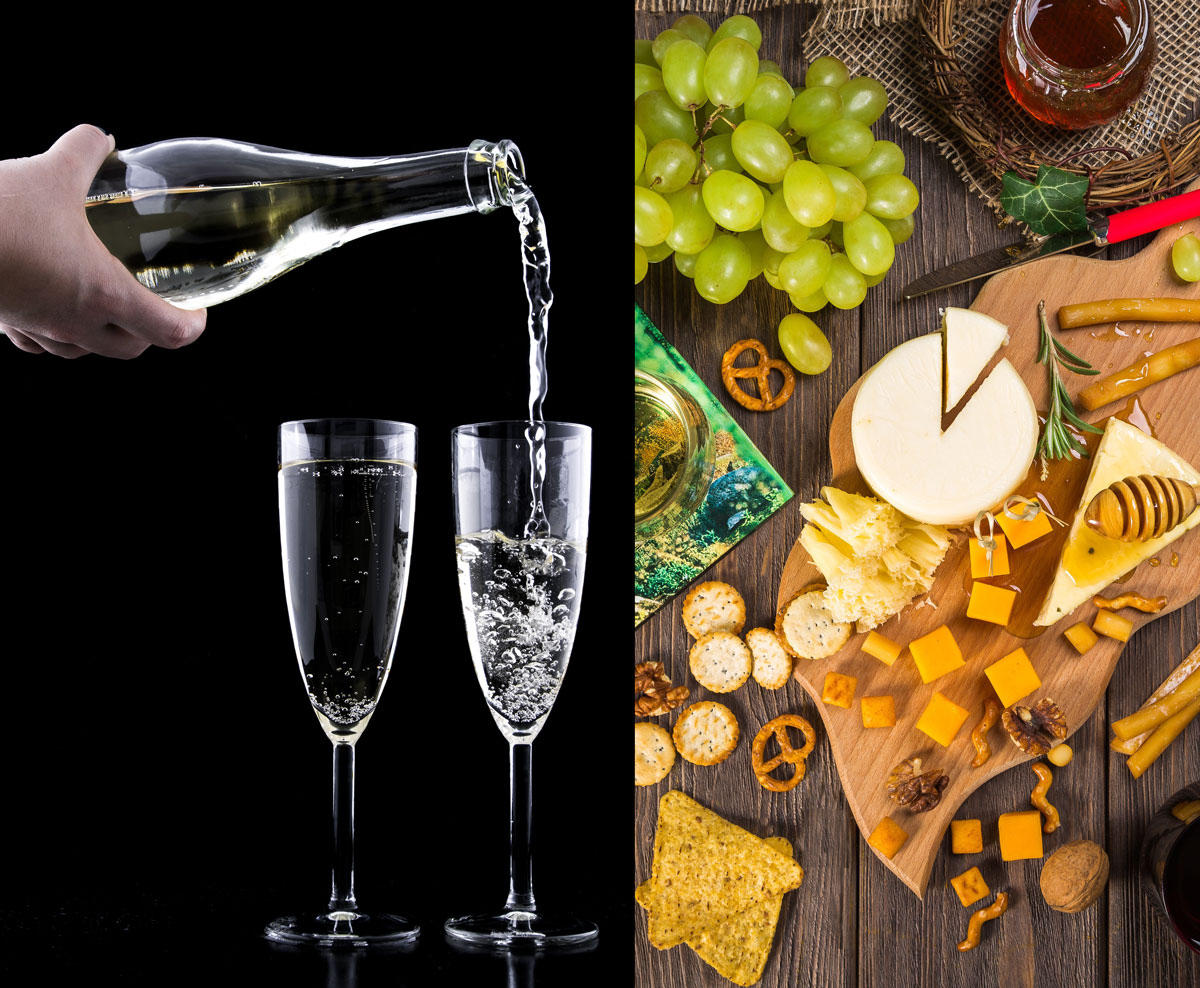 photo showing person pouring wine into glasses and cheese
