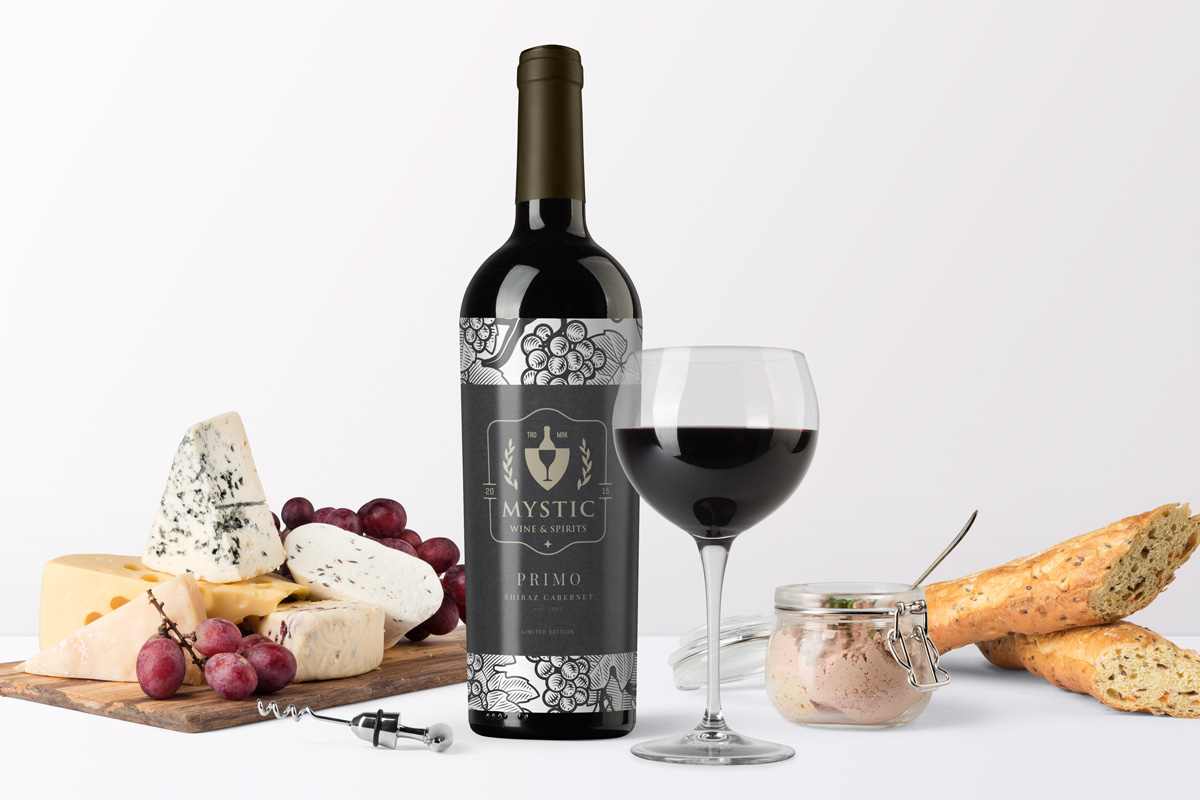 photo of mystic wine branding on bottle with bread and cheese