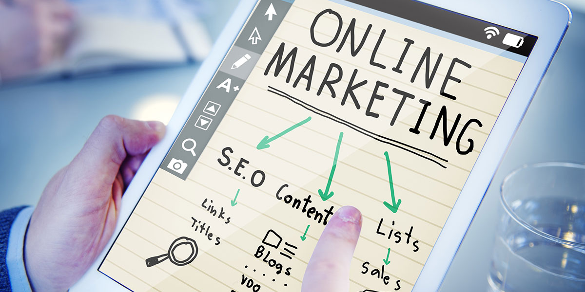 online marketing words on a table