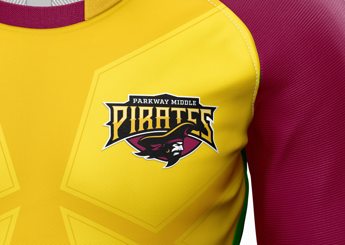 parkway middle school logo mascot on the front pocket of t-shirt